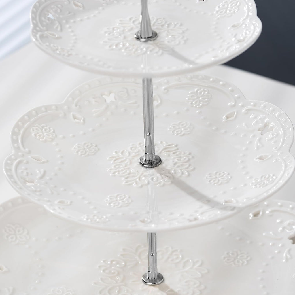 3 Tier White Porcelain Cake Stand, Cupcake Stand with Silver Pilar