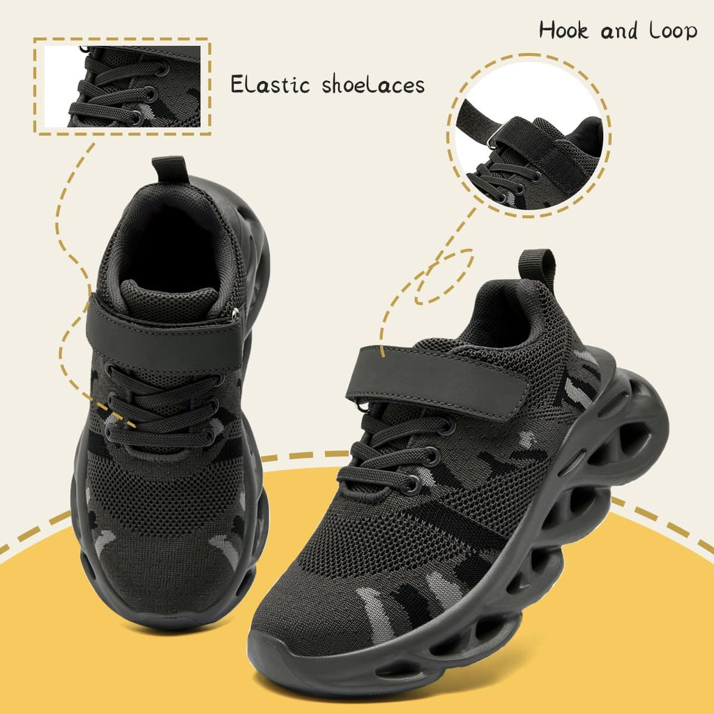 Kids Camo Sneakers for Boys - Lightweight Mesh Athletic Shoes with Hook & Loop Closure, Non-Slip Sole, Breathable