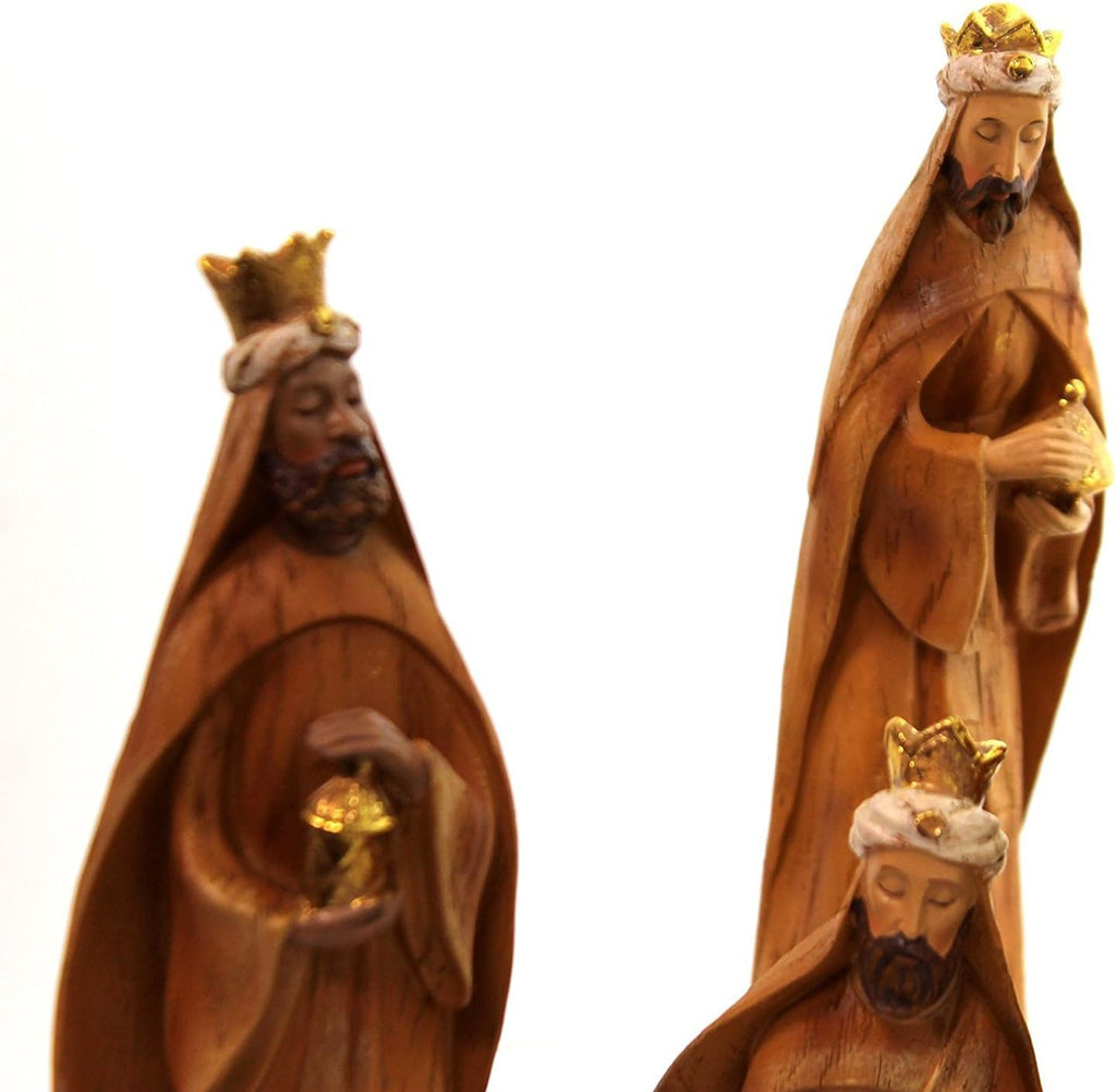 9pc Set 12" Carved Nativity with Scene Back Drop, Faux Wood Grain