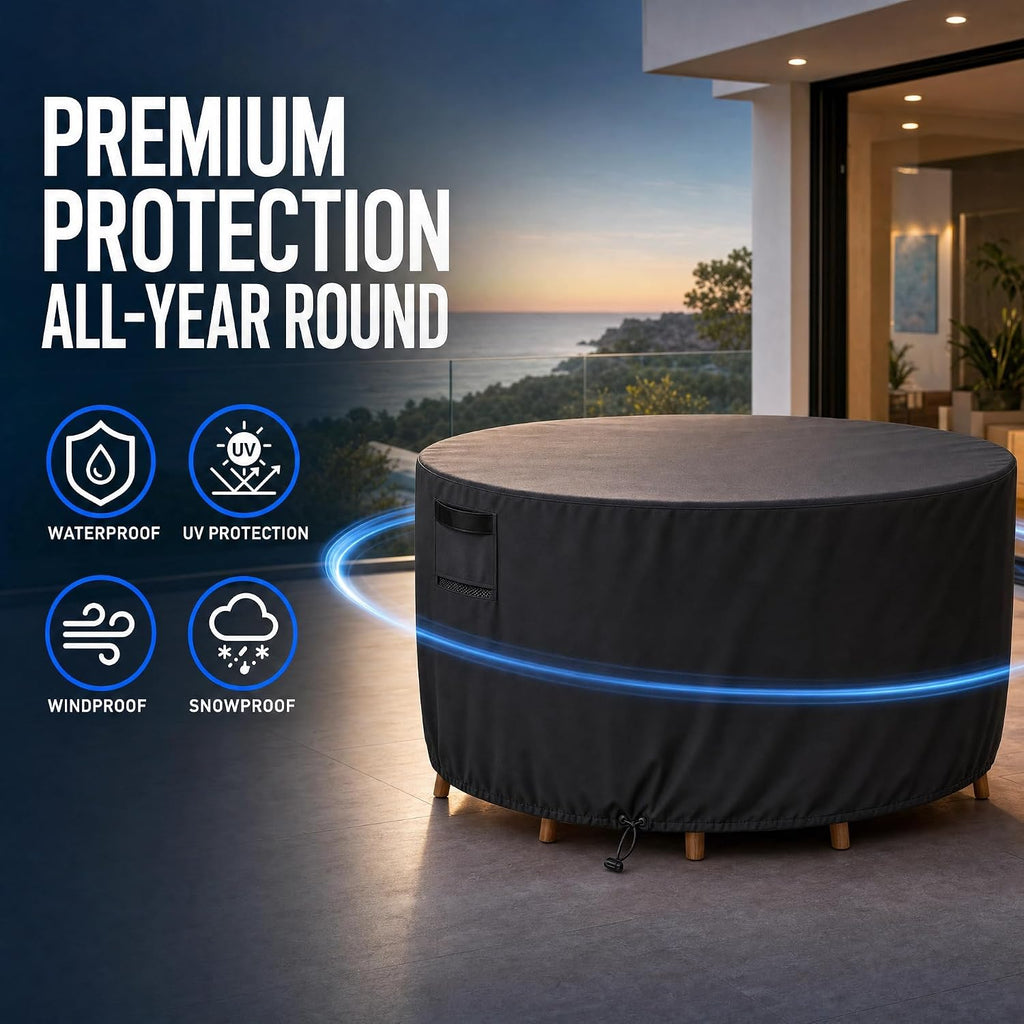 Waterproof Round Patio Table Cover, 60in Dia x 36in H | Heavy-Duty Black Outdoor Cover for Large Round Tables and