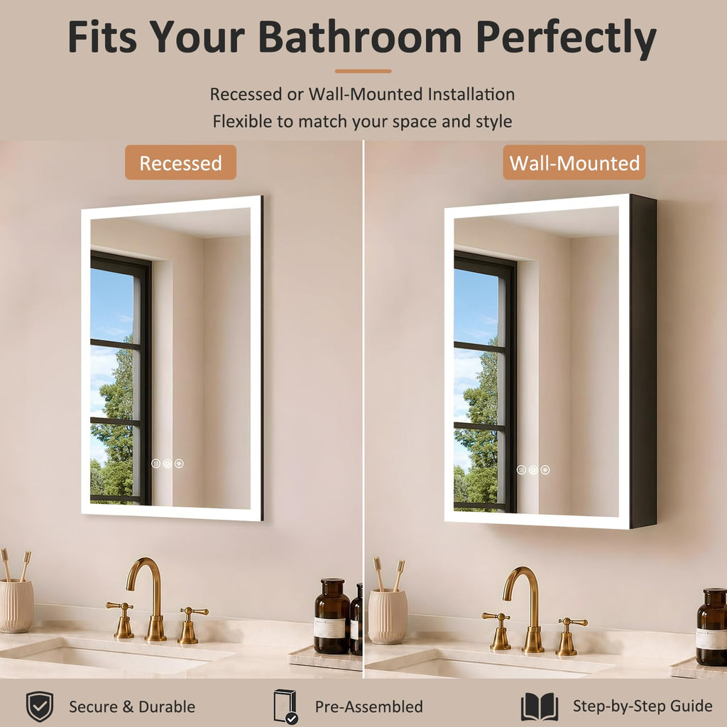 16 x 24 Inch Medicine Cabinet with LED Lights and Mirror, Recessed/Wall Mounted Bathroom Cabinet, 3-Color Light