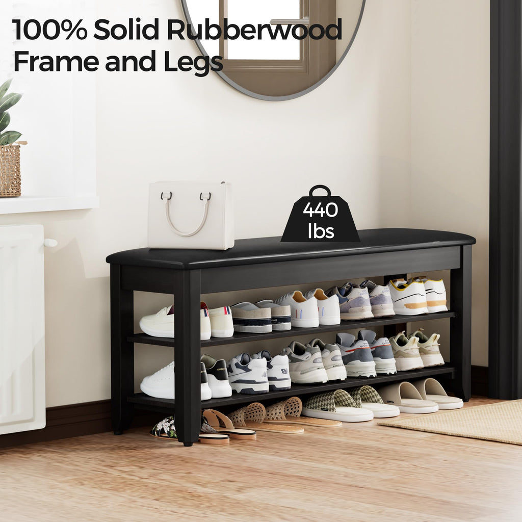 39.4" Wide Solid Wood Shoe Rack Bench with Flip-Top Storage
