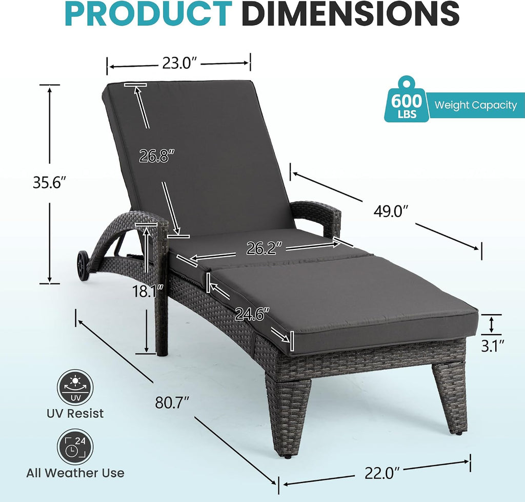 Patio Chaise Lounge Set of 2, Wicker Lounge Chairs Outdoor with Wheels, Wicker Chaise Lounges with Armrests All