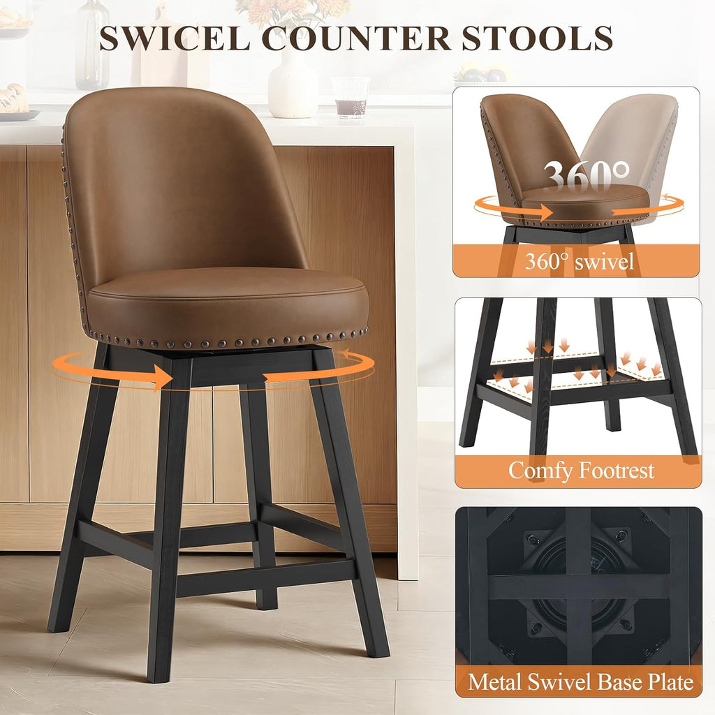 Swivel Bar Stools Set of 2, PU Leather Mid Century Mondern Barstools, 26 inch Counter Height Bar Chairs with Solid