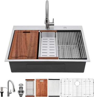 33x22 Inch Drop Sink With Faucet - 33 Kitchen Sink With Faucet Combo Workstation 16 Gauge Stainless Steel Single Bowl