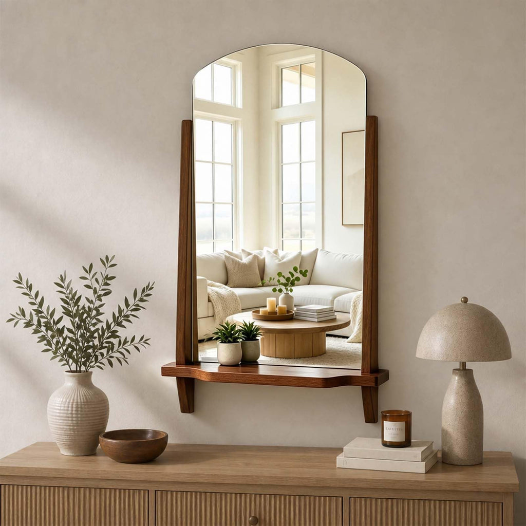 Arched Wall Mirror with Shelf, 24" x 37.4" Solid Wood Frame Bathroom Mirror, Walnut Brown Farmhouse Decorative Mirror