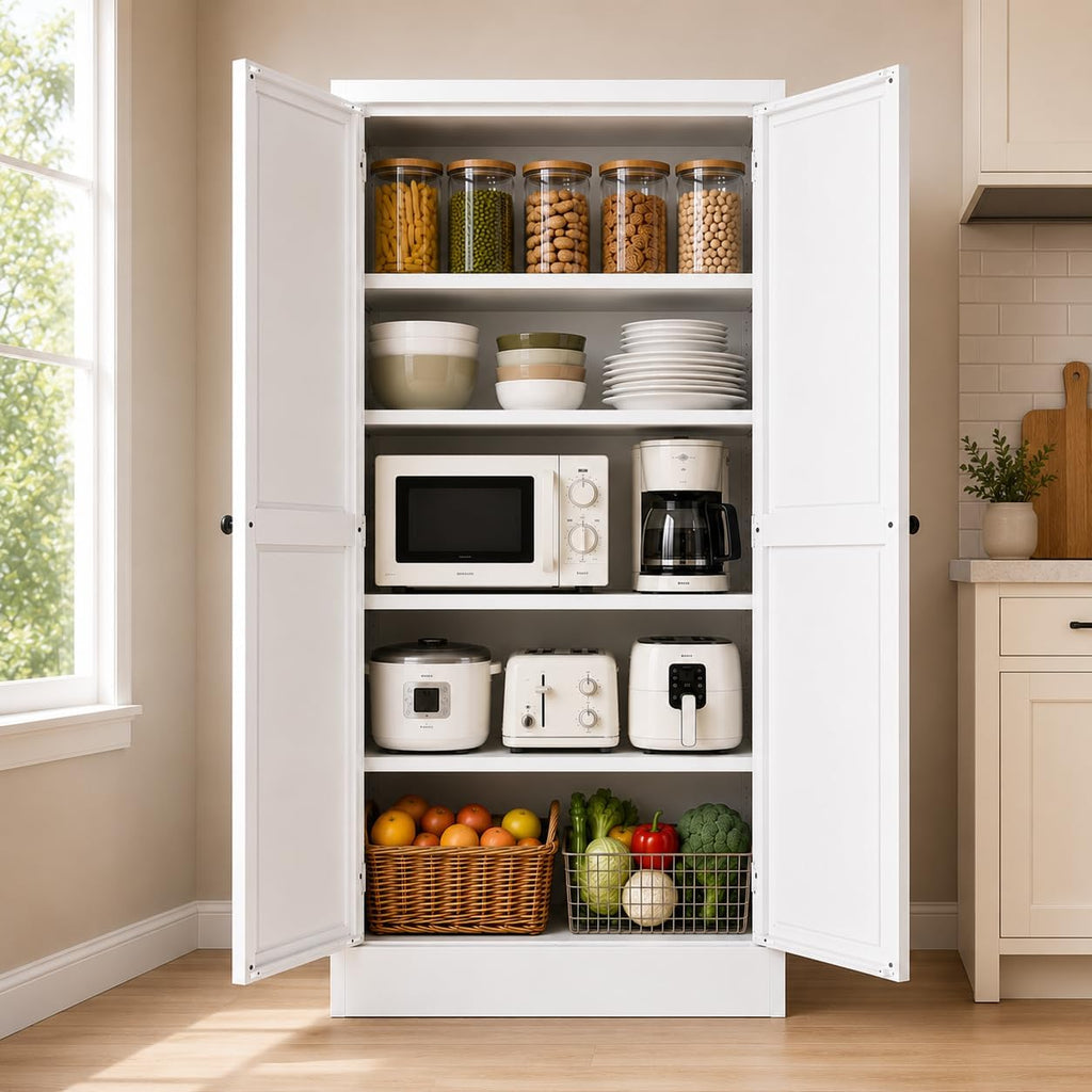 Kitchen Pantry Cabinet,61" White Pantry Storage Cabinet with 4 Tier Adjustable Shelves and 2 Doors,Freestanding