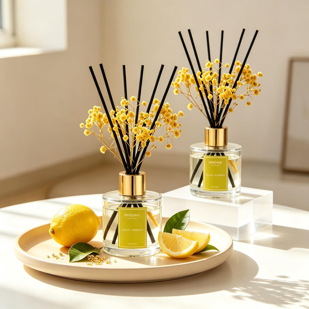 Reed Diffuser Set, 3.38 fl oz (100 ml) Lemon Verbena 2pcs Oil Diffusers with 6 Reed Sticks Shelf Decor Home Fragrance