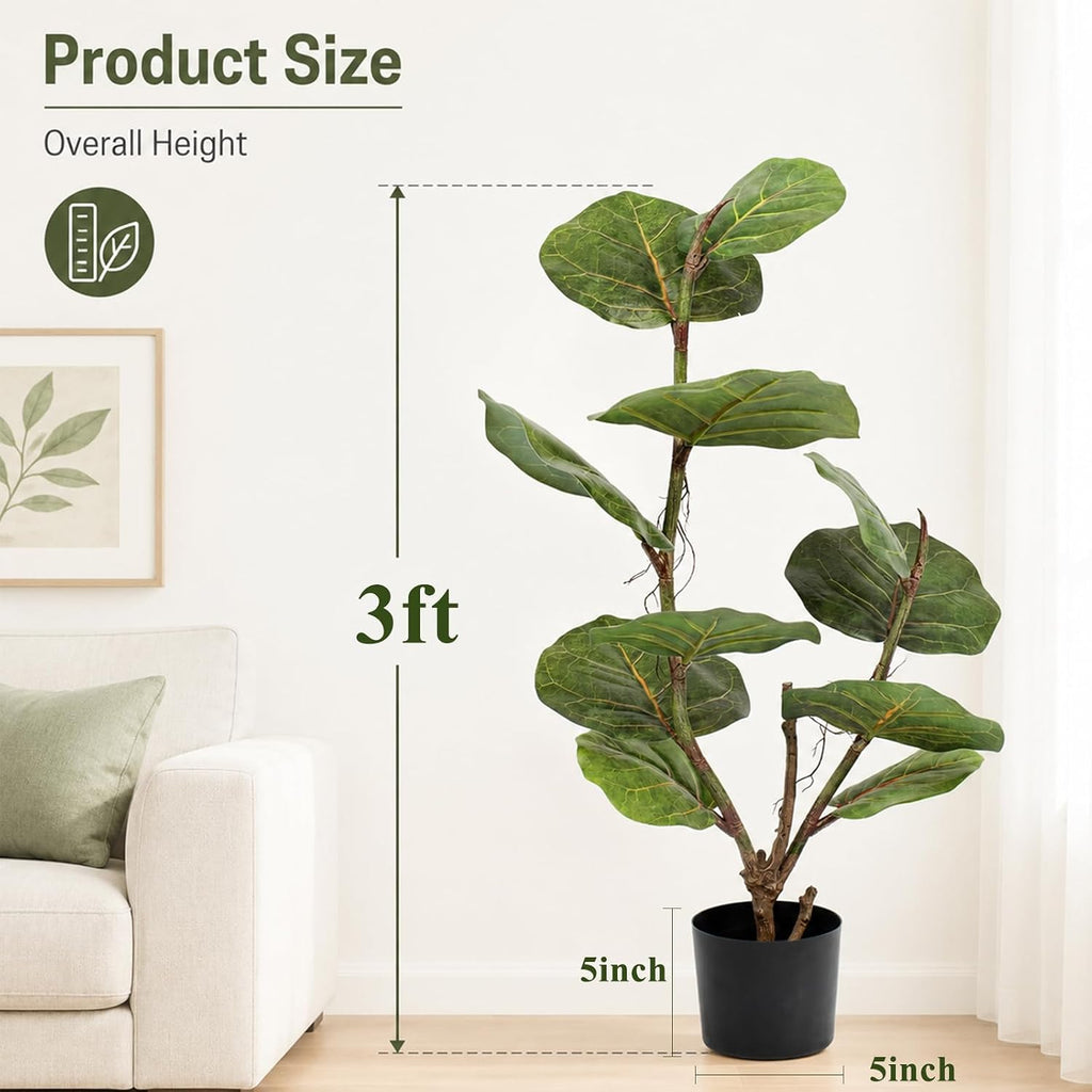 Faux Fiddle Leaf Fig Tree, 3 Ft Artificial Ficus Lyrata Plant 11 Fiddle Leaves, Fake Floor Plant in Pot Living Room