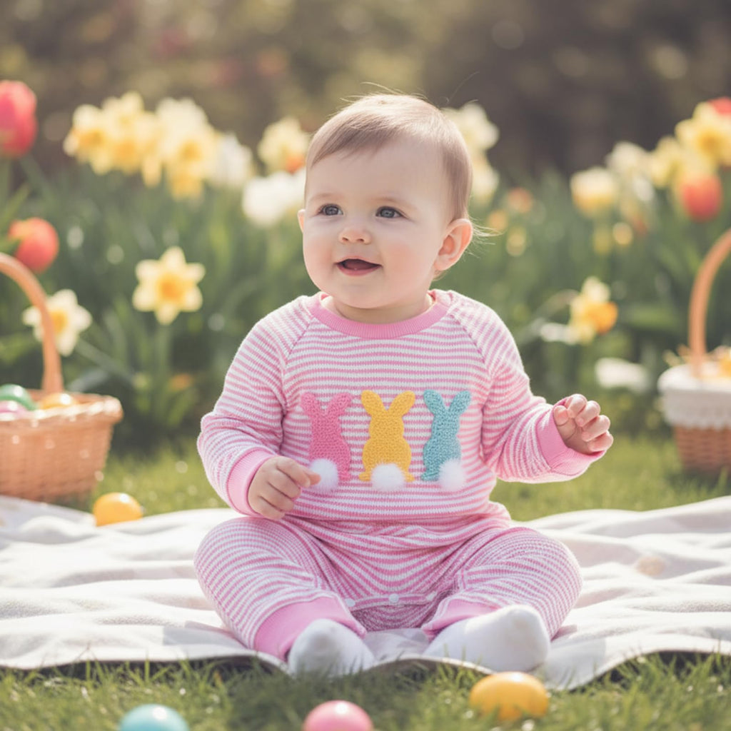 Baby Girl Easter Outfit Newborn Waffle Knit Bunny Onesie Infant Rabbit Jumpsuit Long Sleeve Romper Spring Clothes (A