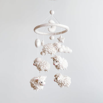 Felt Counting Sheep Nursery & Crib Mobile for Boys & Girls, Boho Baby Decor, Natural Wool & Wood Hanging Mobile