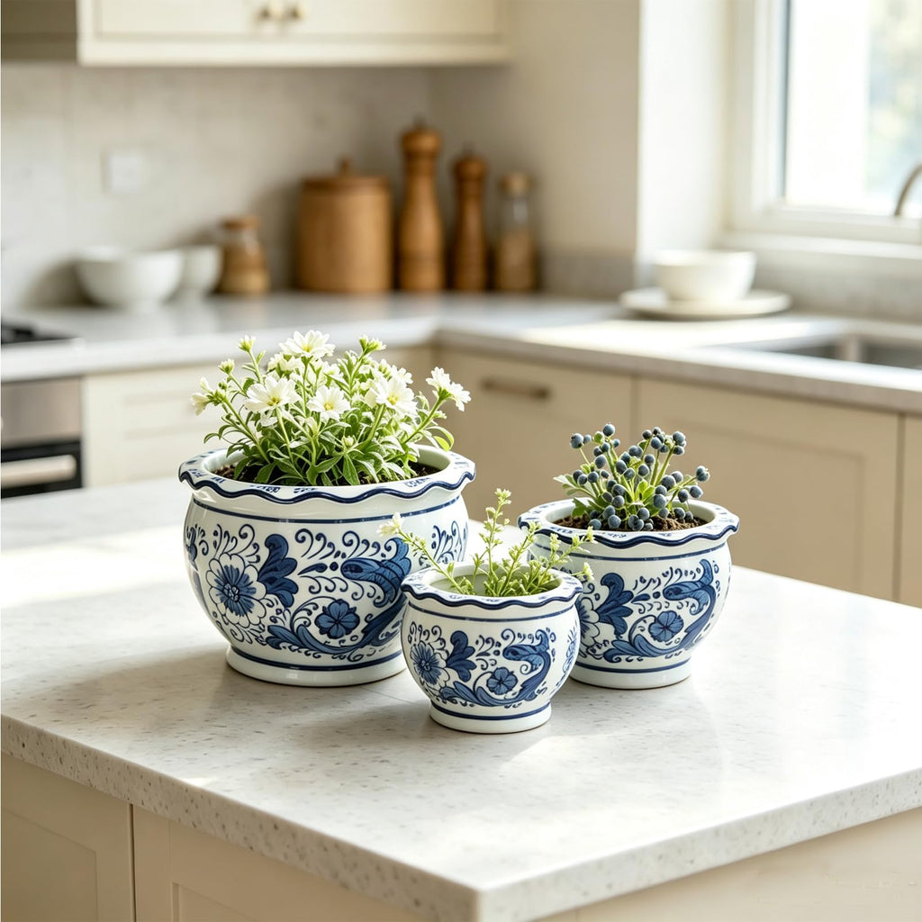 Blue and White Planters, Ceramic Plant Pots Indoor with Drainage, Set of 3