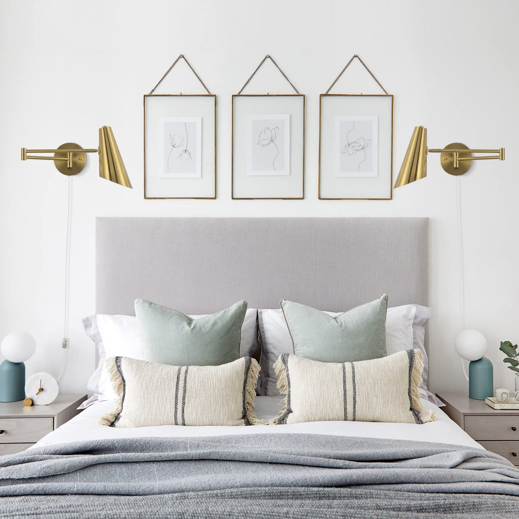 Plug in Wall Sconce Set of 2, Brass Swing Arms Wall Light Plug-in Wall Lamp Living Room Wall Lamp