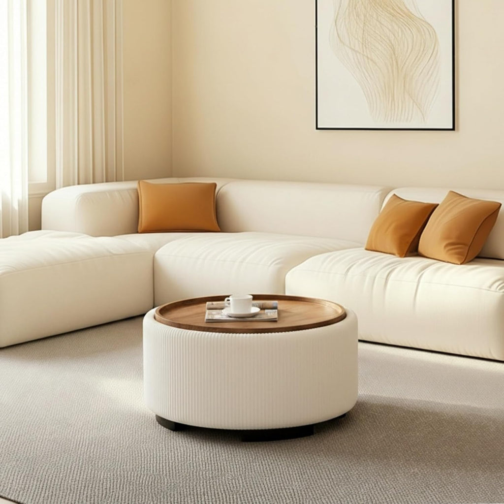 29.5 Inch Round Storage Ottoman Coffee Table, Beige Velvet | Modern Circle Coffee Table With Storage With Removable