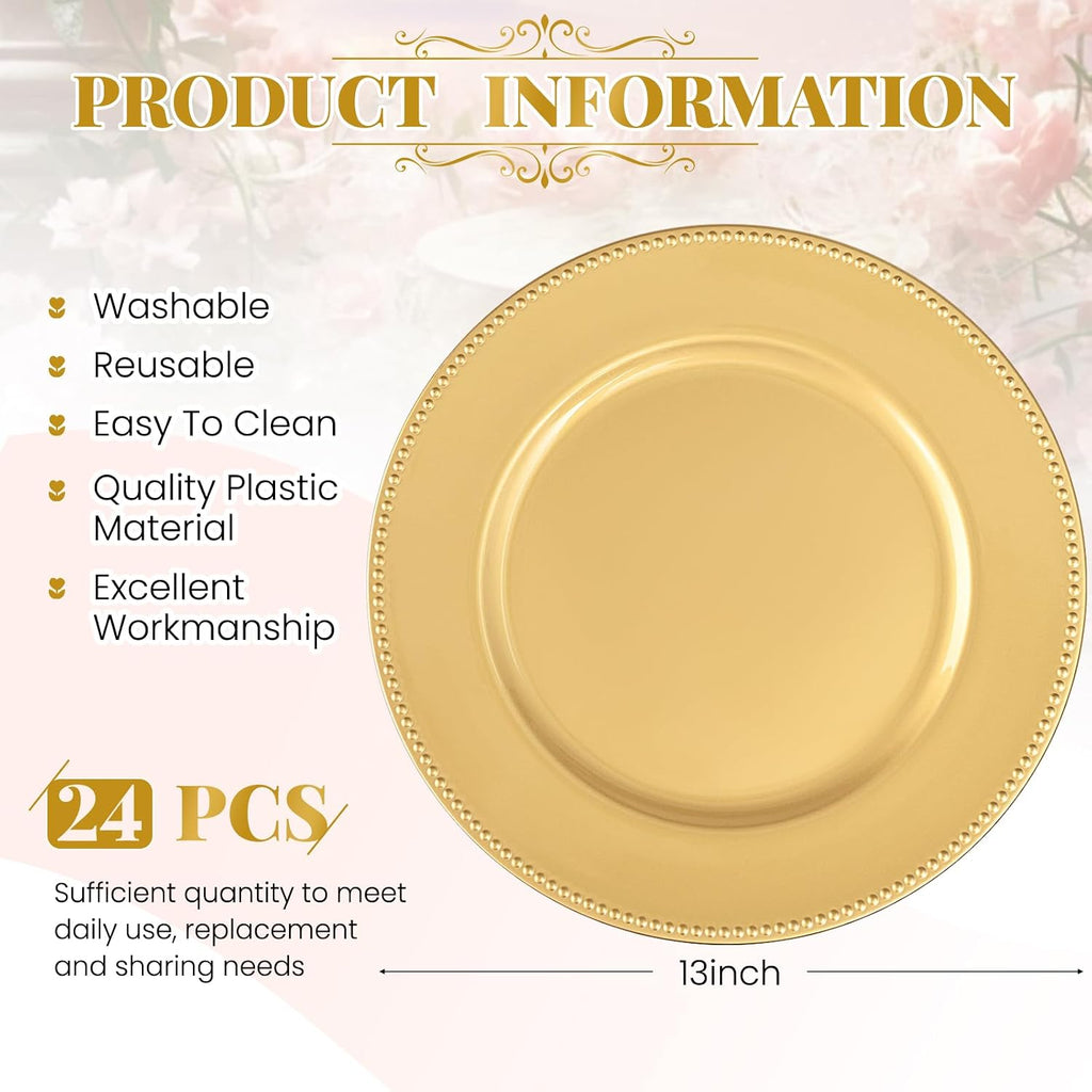 Gold Charger Plates Bulk, 13" Round Beaded Plate Chargers - Set of 24