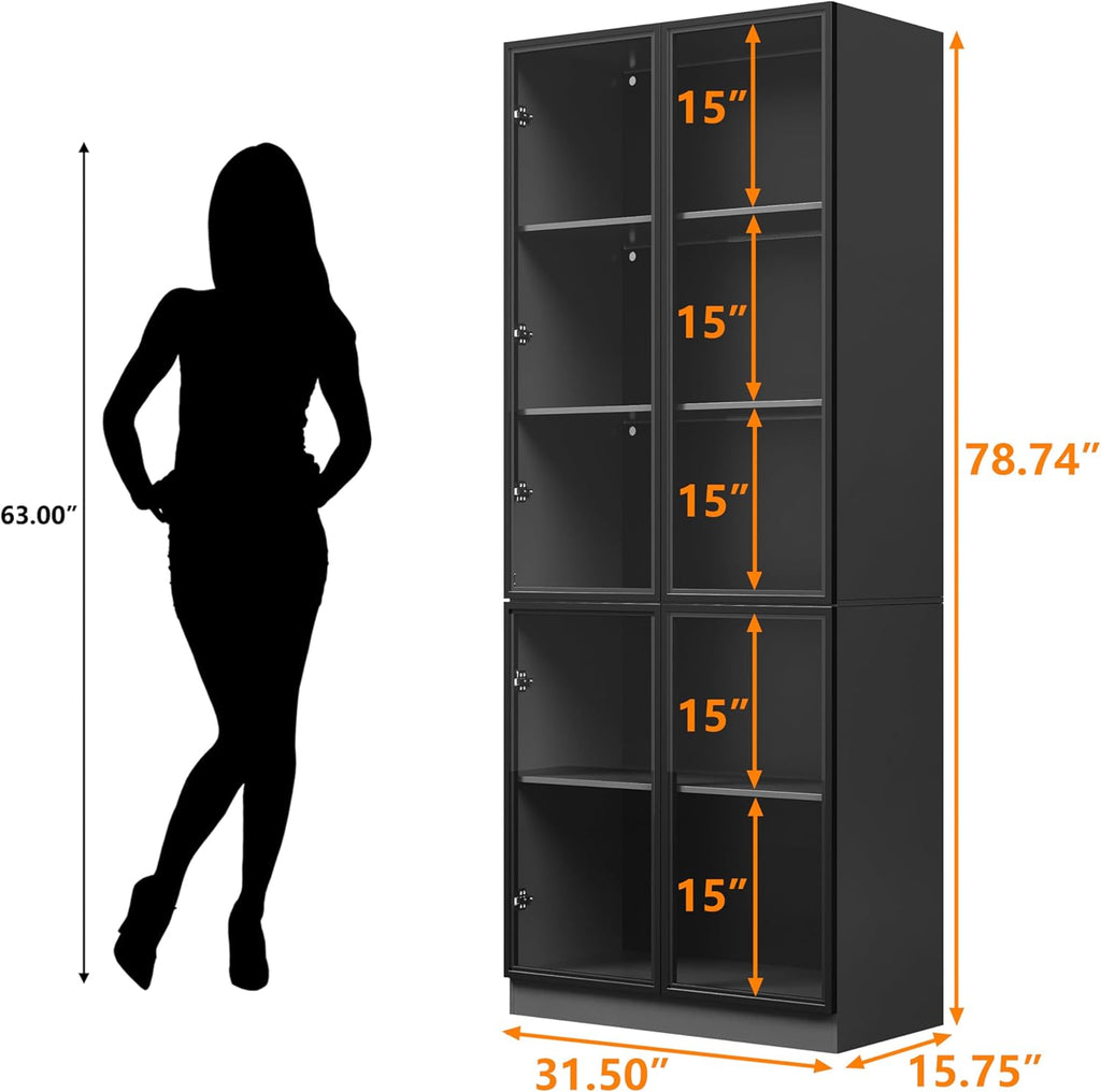 Wooden Display Storage Cabinet with Glass Door, LED Lights,Showcase for Collections, Perfume, Vinyl Albums, Bookcase