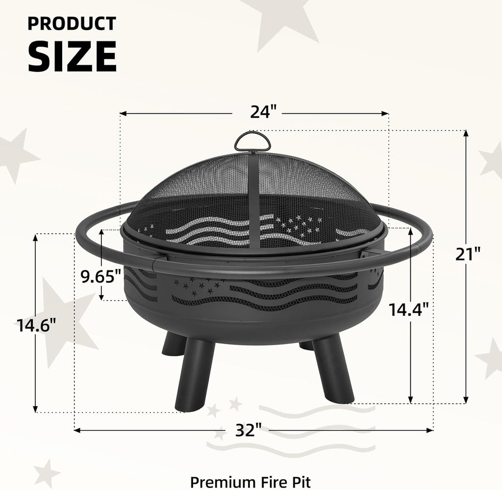 32 Inch American Flag Fire Pit with Mesh Cover & Poker, Round Metal Wood Burning Outdoor Firepit