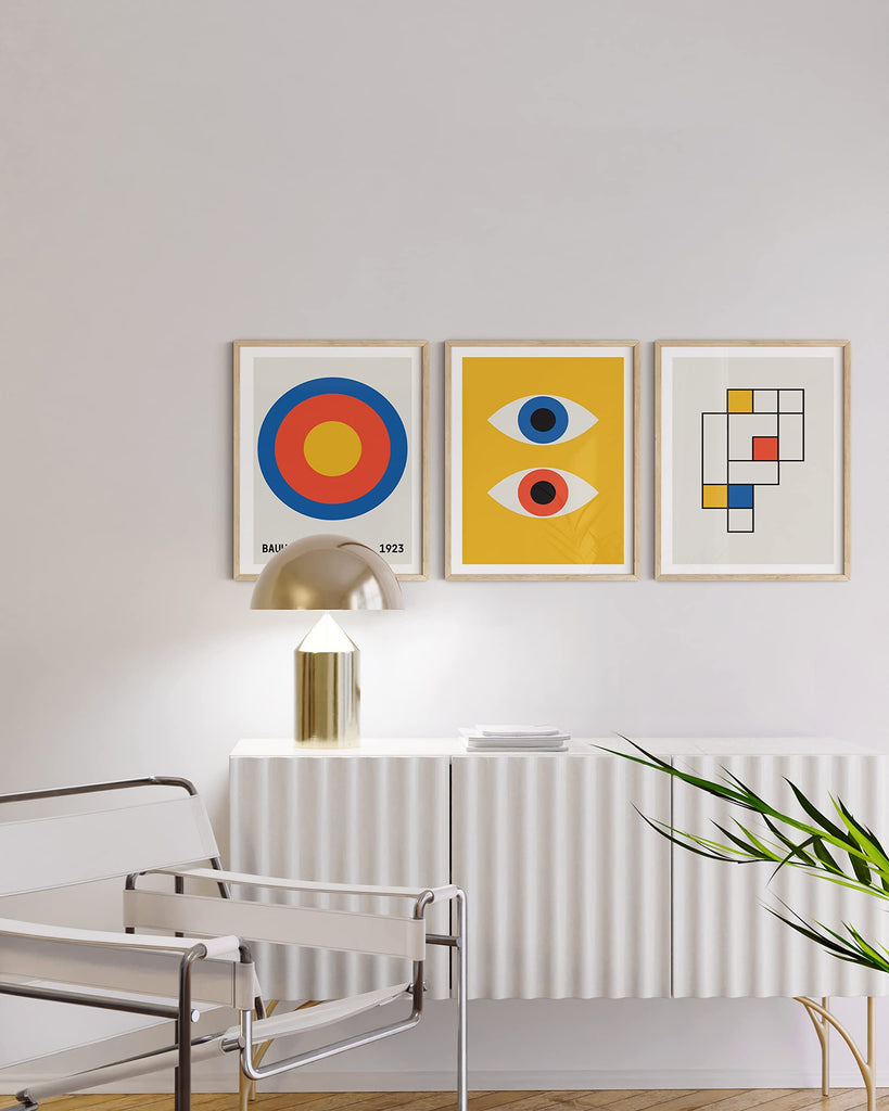 Bauhaus Poster Art - Set of 3 Modern Abstract Wall Art, Vintage Posters and Prints, Frameable Blue Yellow Wall Art