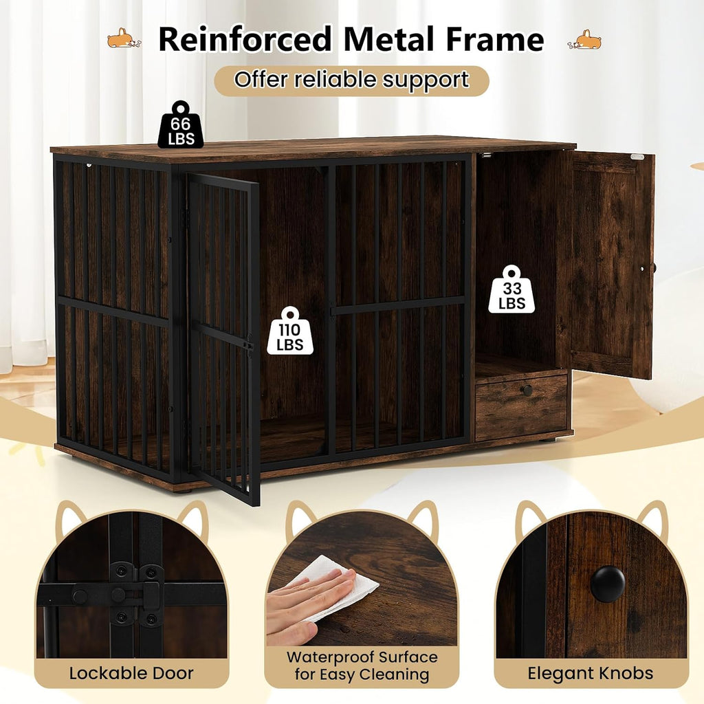 47.5" Heavy Duty Dog Crate Furniture with Bowl & Storage Cabinet