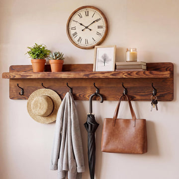 35 Inch Wall Shelf with Hooks and Shelf Organizer Wall Mount Coat Rack with 6 Hooks for Hanging