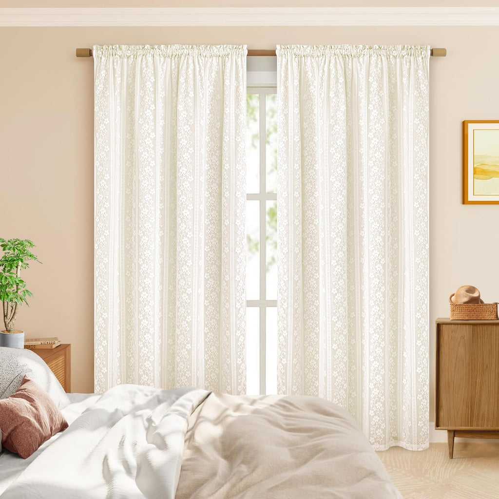 Linen Curtains, Double Layered Boho Curtain 63 Inch Length 2 Panels Set, Rod Pocket Curtains & Drapes with Tiebacks