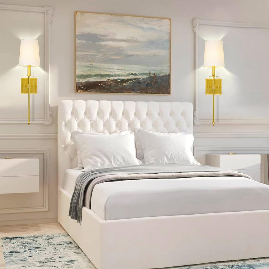 Gold Wall Sconces Set of Two, Farmhouse Sconces Wall Lighting with Dimmer ON/Off Switch, Hardwired Brushed Brass Wall