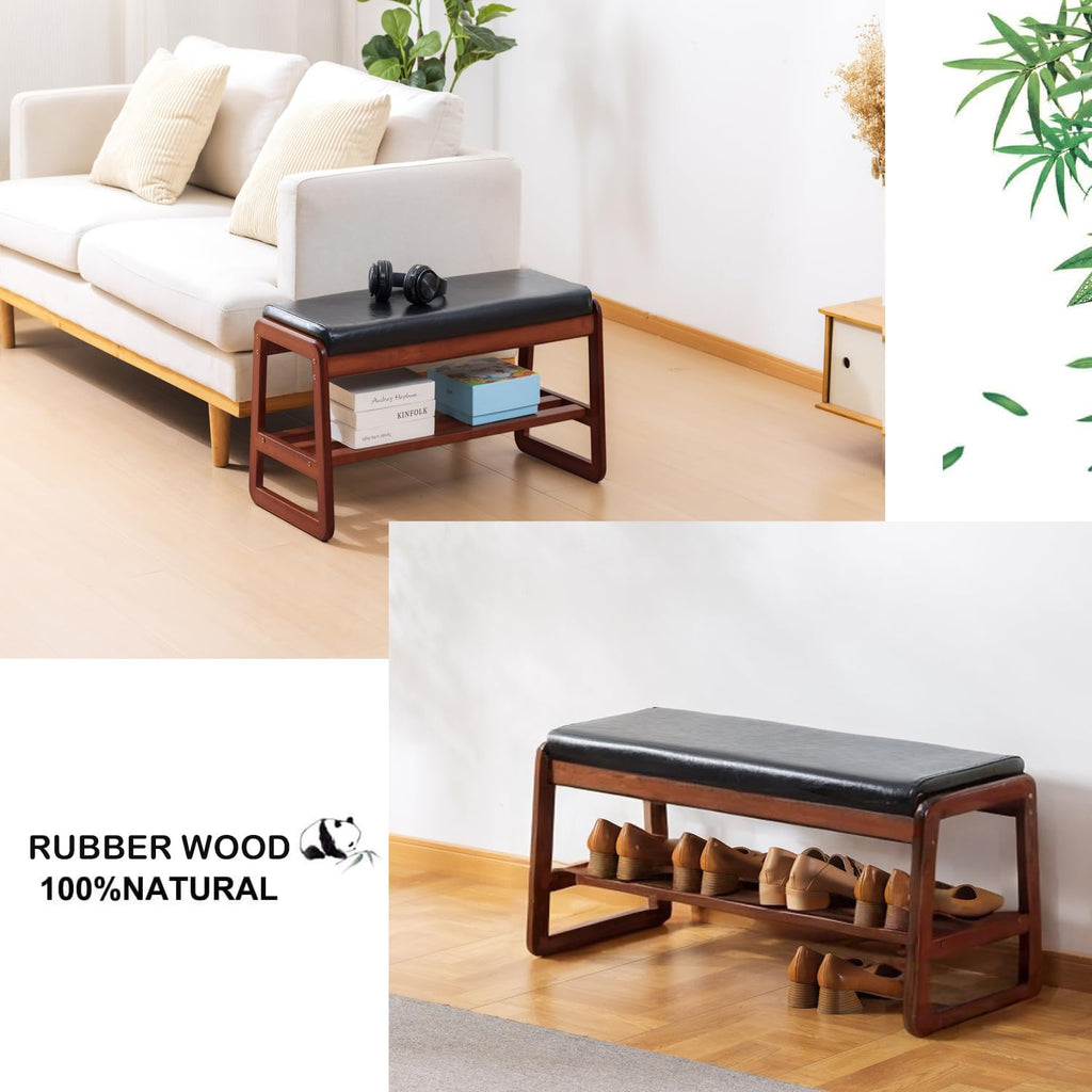 Solid Wood Bench, Entryway Shoe Bench with Cushion, 2 Tier Shoe Storage Organizer (Black, 39.70''L)