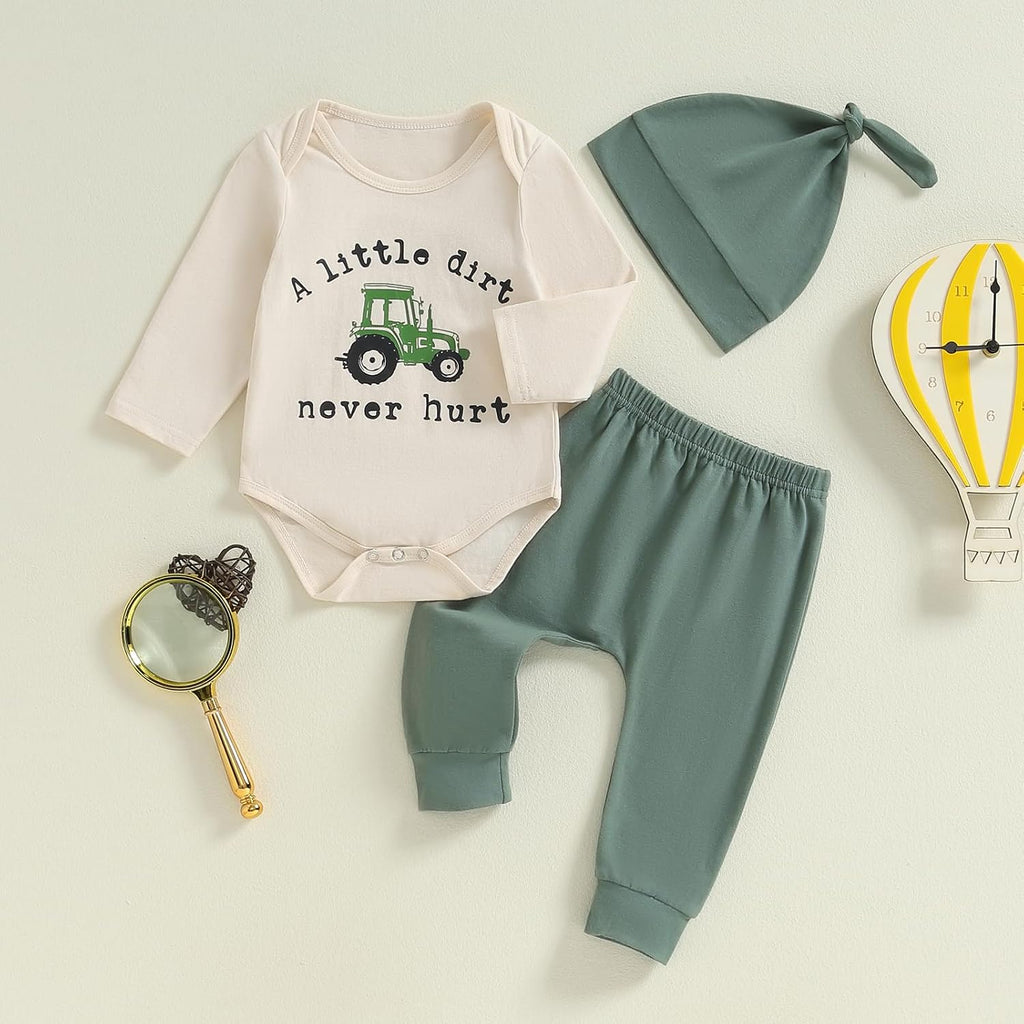 Newborn Baby Boy Clothes Long Sleeve Letter Tractor Print Romper and Pants with Hat Coming Home Outfit 3Pcs