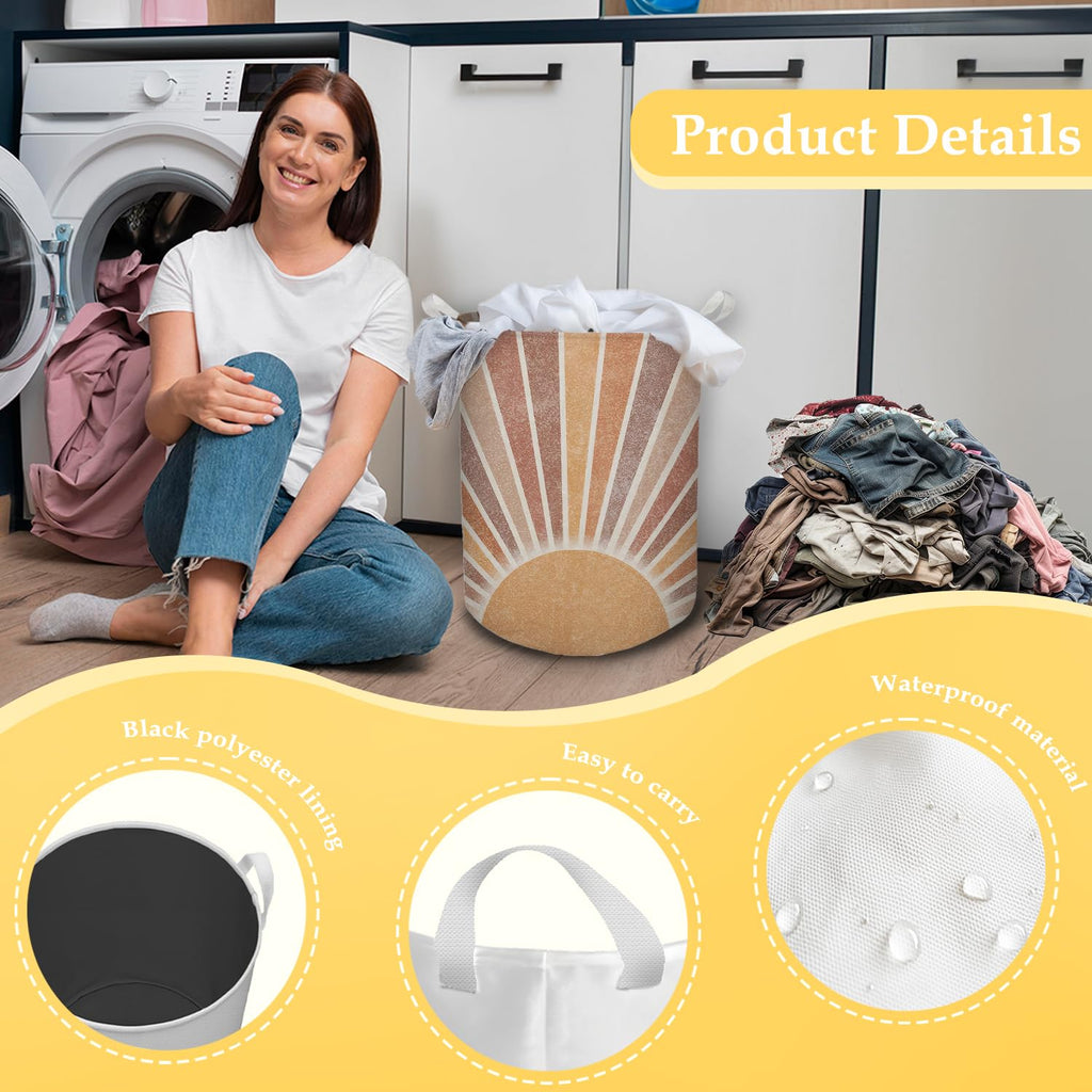 Boho Laundry Basket, Mid Century Modern Boho Neutral Sun Sunshine Waterproof Collapsible Laundry Hamper Dirty Clothes