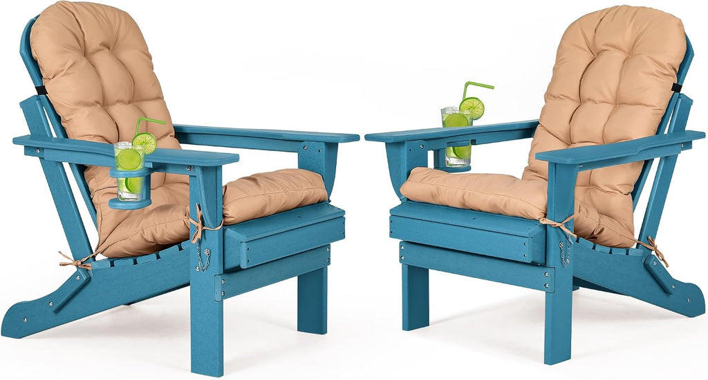 Folding Adirondack Chairs Set of 2 with Cushion with Cup Holder, HDPE Plastic Oversized Patio Chair Weather