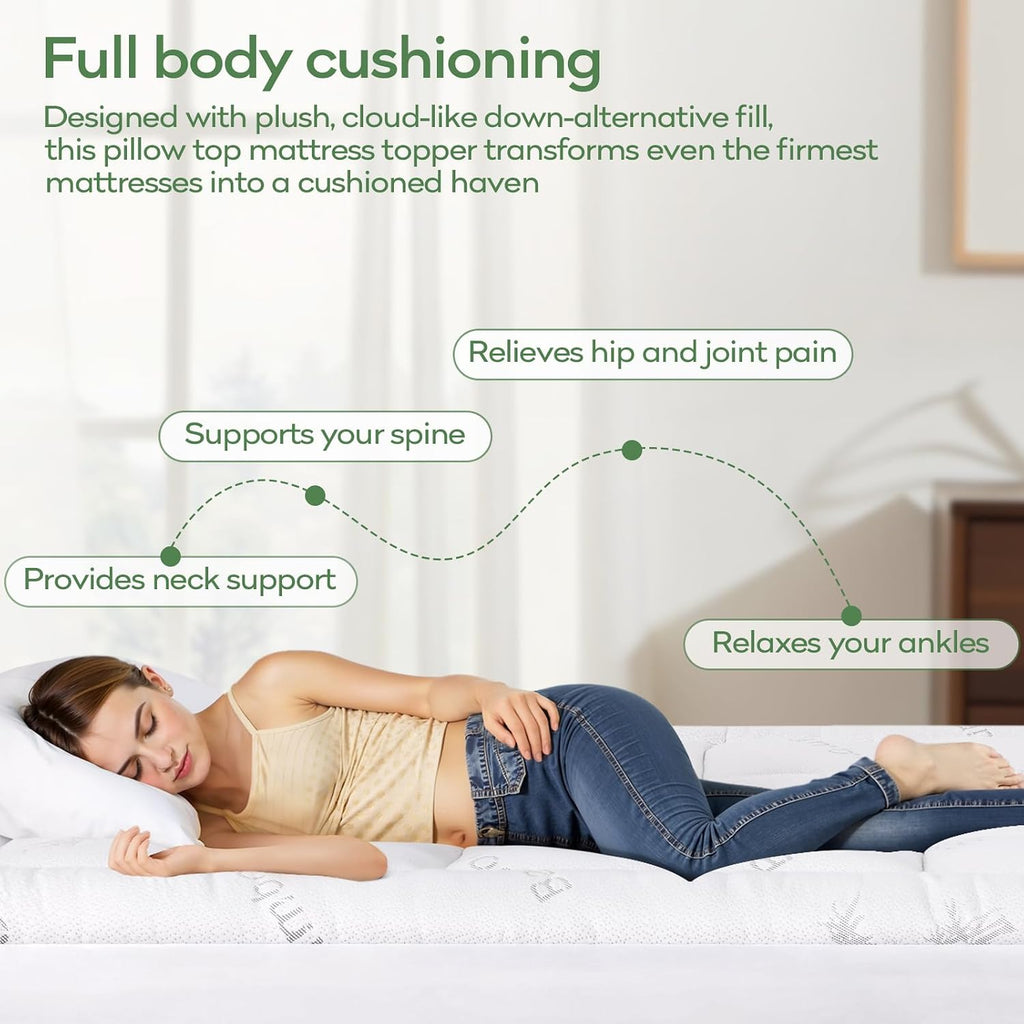 King Bamboo Viscose Cooling Mattress Topper, White | Soft Quilted Comfort, Pillow Top Mattress Pad, Plush Down