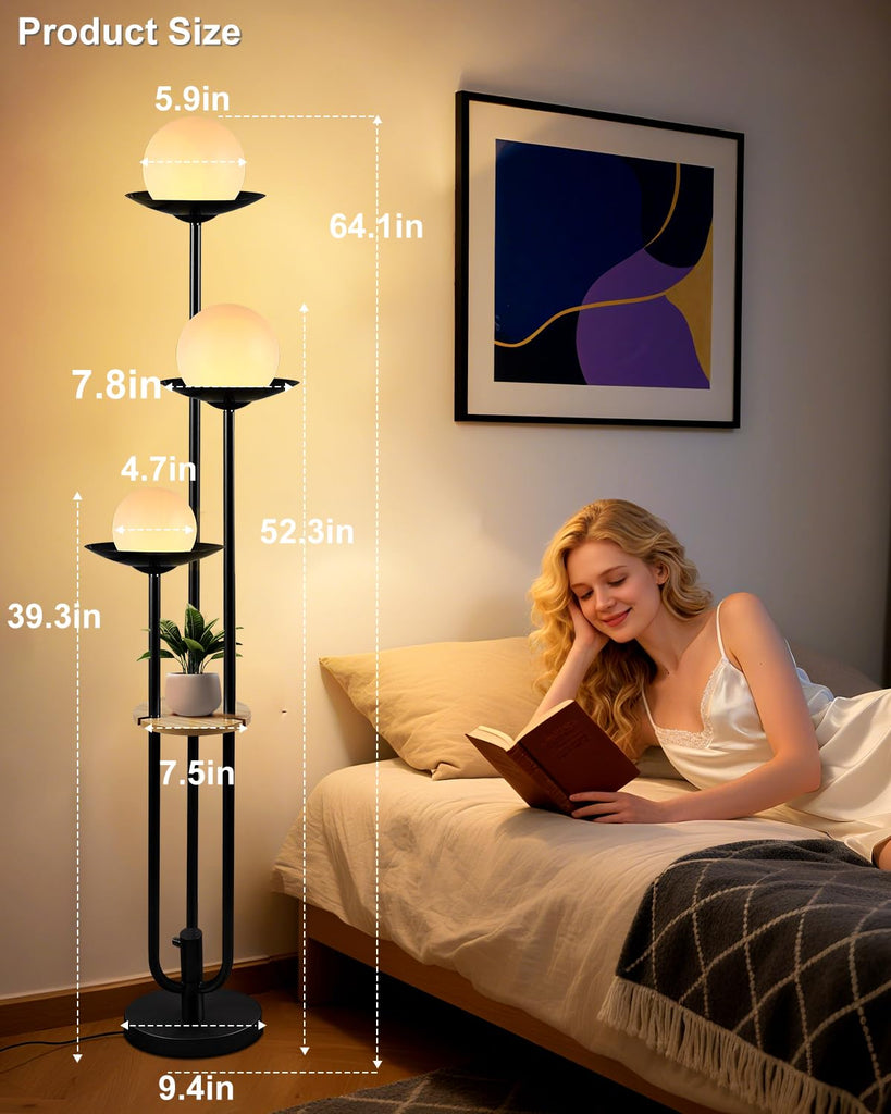 Globe Floor Lamp with Shelf 3-Lights Modern Dimmable Floor Lamps 3000K Warm White Bulbs Included Black Tall Standing