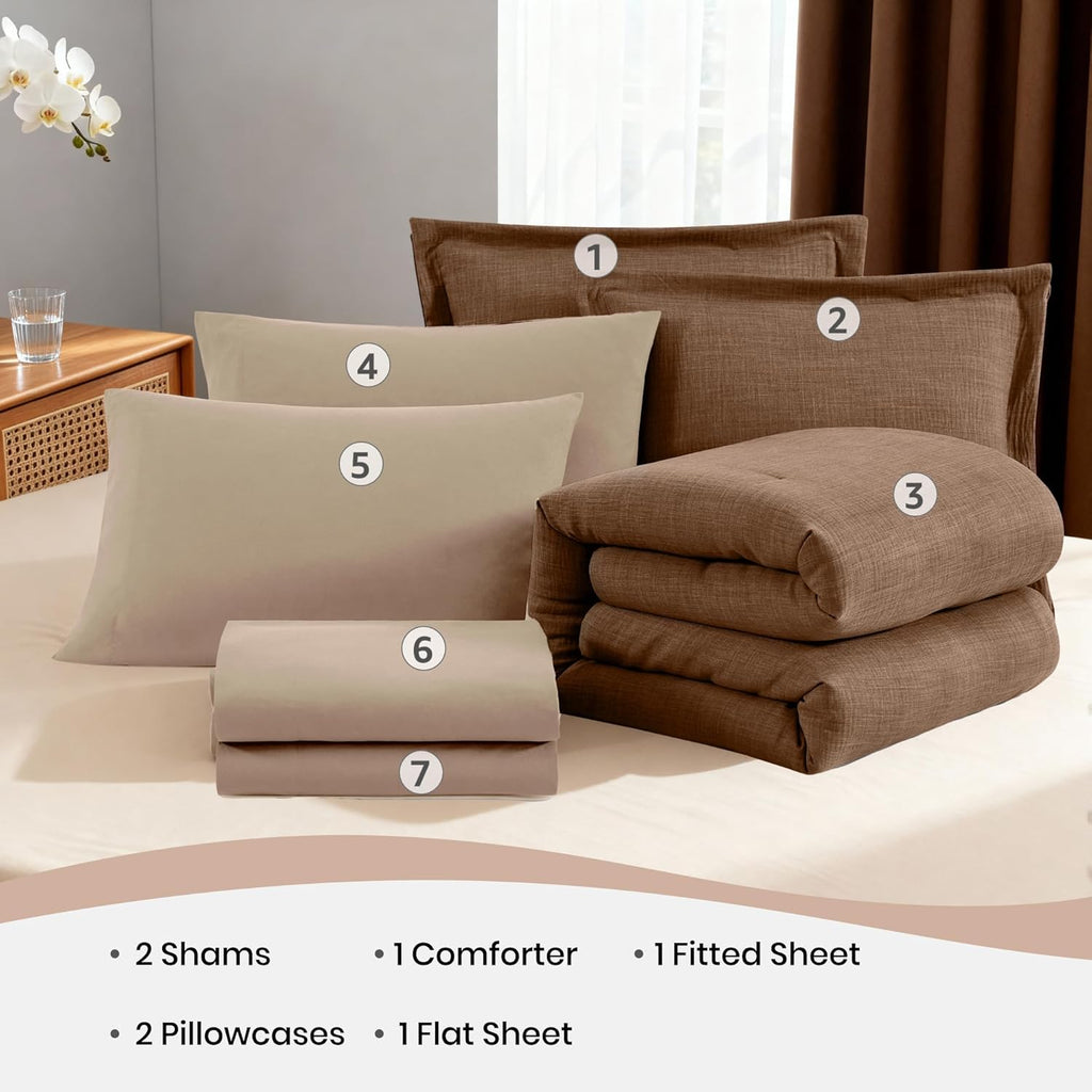 Geniospin Brown Queen Comforter Set - 7 Pieces Comforter Queen, Solid Bedding Set for All Season