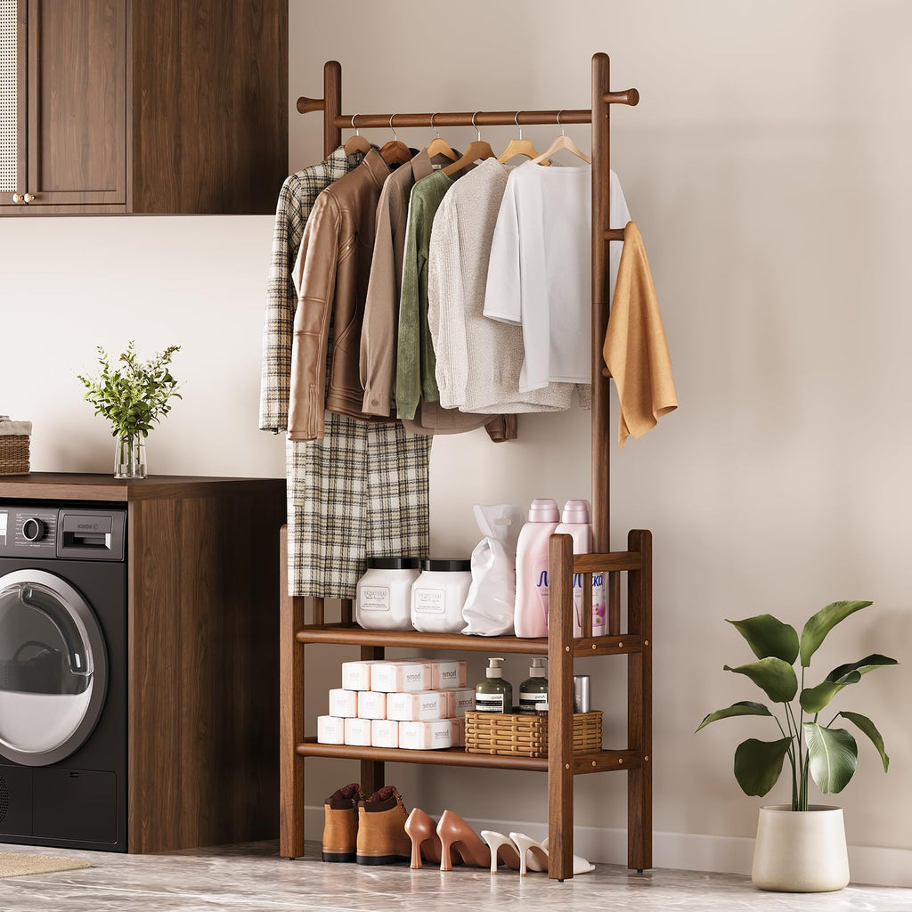Solid Wood Clothing Rack with Shelves - Coat Rack Freestanding with 6 Hooks Load 450 Lbs, 3-in-1 Hall Tree for