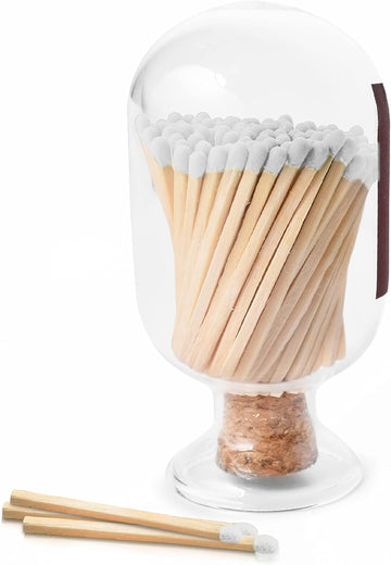 Glass Match Holder with Striker - Includes Fancy Matches in Cloche Jar - Decorative Christmas Gift or Fireplace