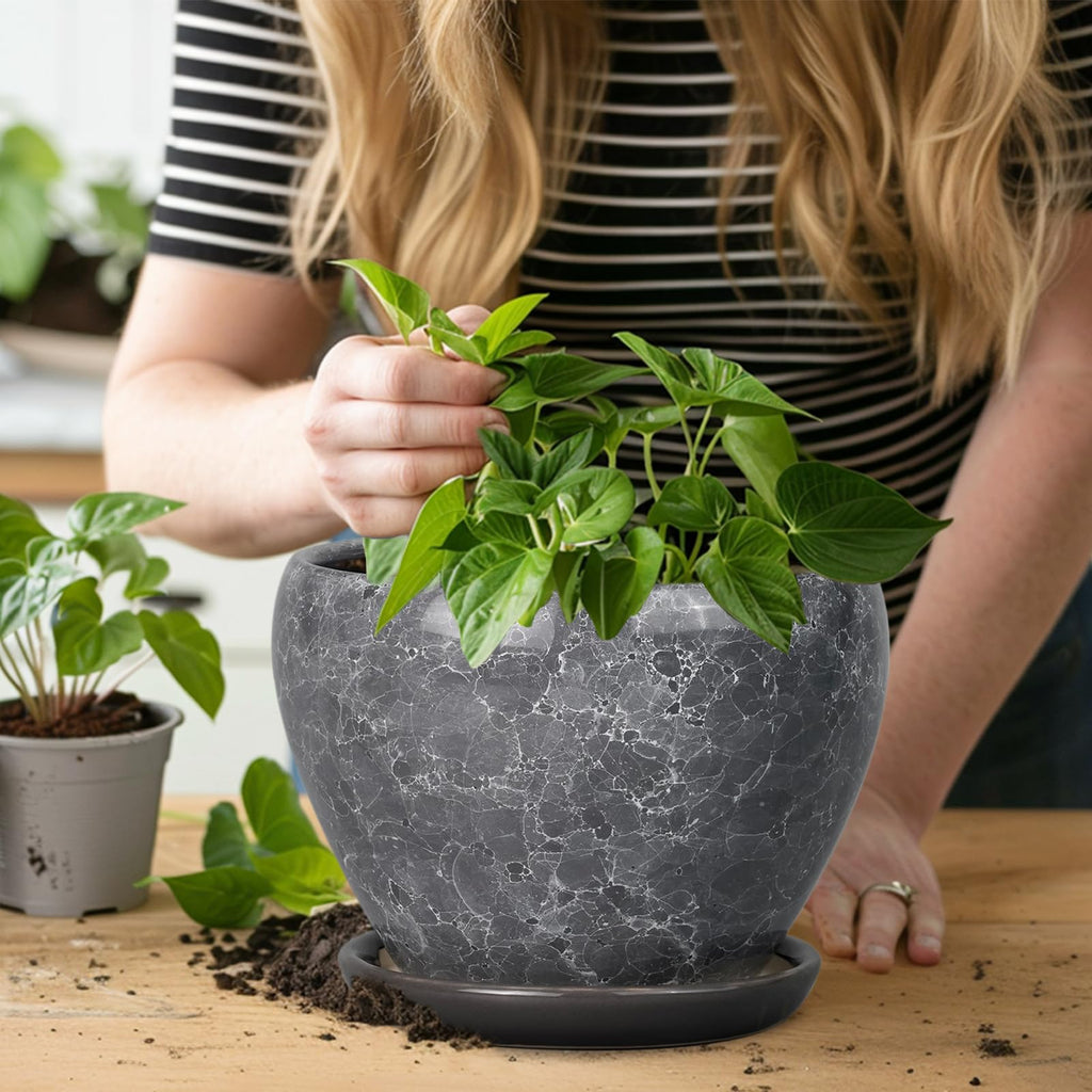 8 Inch Plant Pot - Ceramic Planter Pot with Drainage Hole and Saucer, Glaze Garden Pot Modern Flower Pot for Indoor