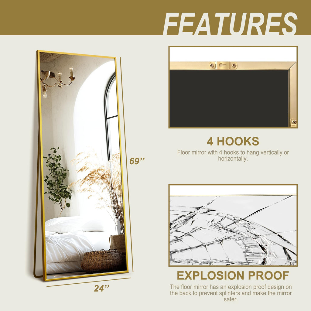 Full Length Mirror with Stand, 69x24 Gold Floor Mirror