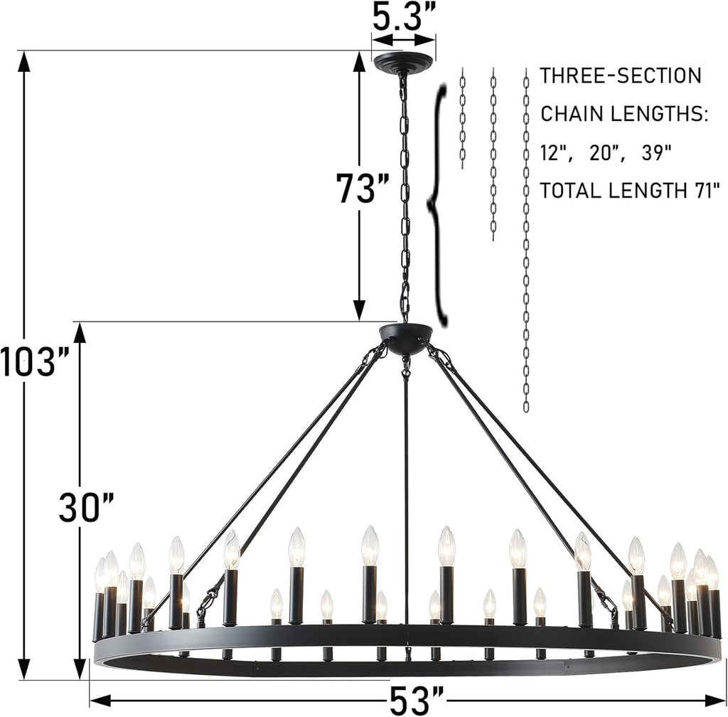 Inspired Camino Style Chandelier - 53 Inch Large Black Wagon Wheel Chandelier 30-Light Farmhouse Wagon Wheel Chandeliers Round Industrial Ceiling Light fixtures for Outdoor Porch high Ceilings Living Dining Room Foyer Entryway A105-B0C5RFJLC9