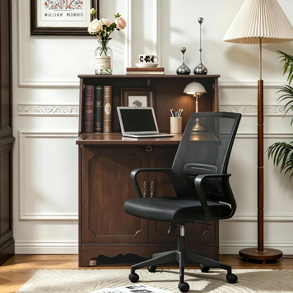 Vintage Storage Cabinet with Flip Down Desk, Wood Accent Cabinet with Adjustable Shelf and Hidden Workspace, Entryway