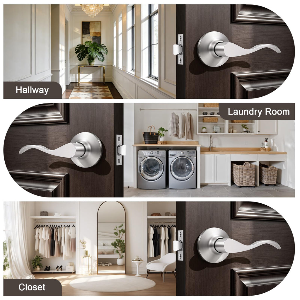 8 Pack Satin Nickel Modern Interior Passage Door Knobs, Keyless Door Handle & Closet, Wave Style Non-Locking Door
