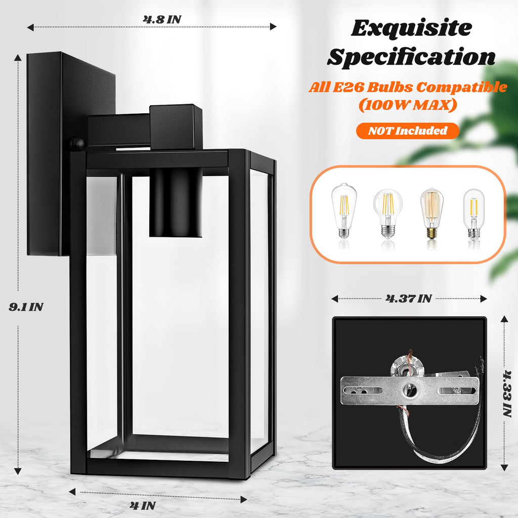 2-Pack Outdoor Wall Lantern, Exterior Waterproof Wall Sconce Light Fixtures, Black Outside Wall Lights with Clear