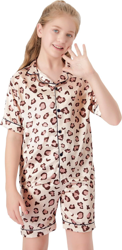 Girls Satin Pajamas, Short Sleeve Shorts Button Up