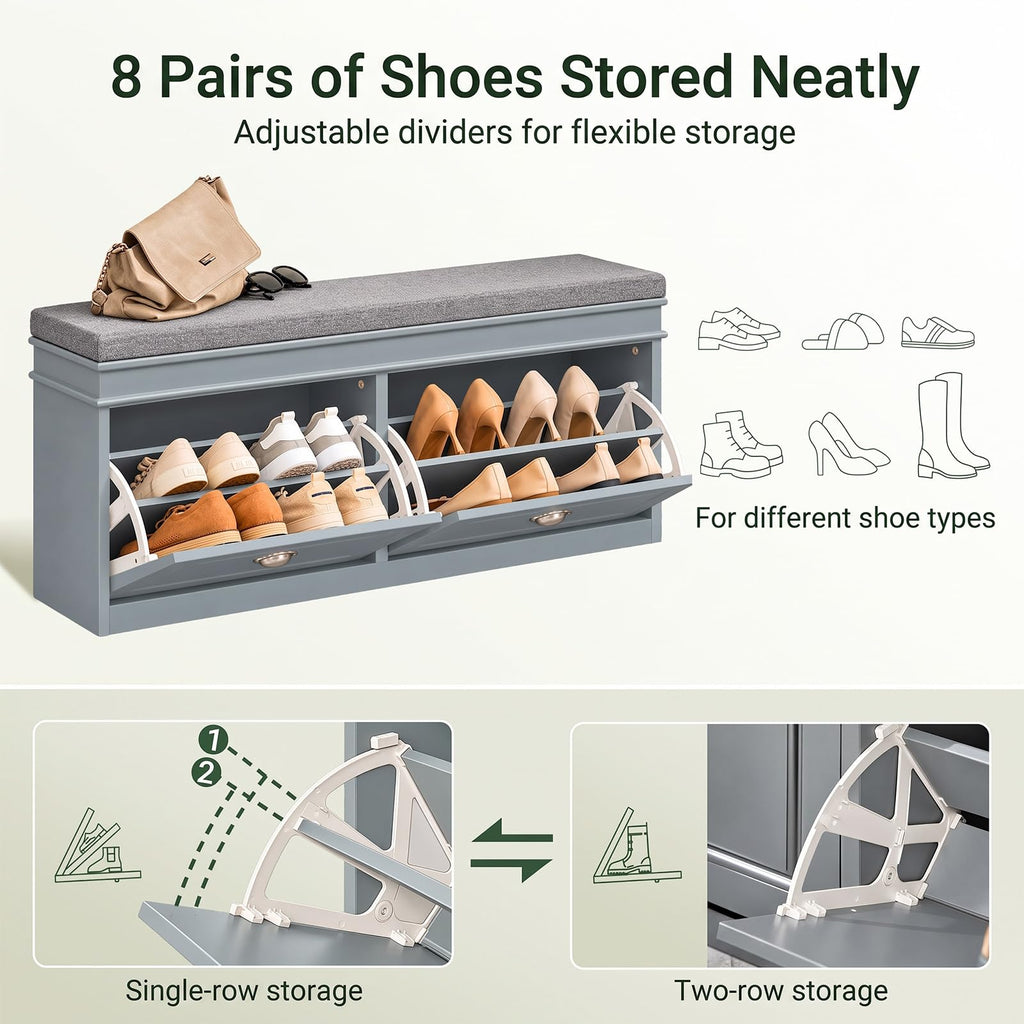 Grey Storage Shoe Bench with 2 Flip Drawers, Hidden Shoe Bench, Free Standing Shoe Rack, Shoe Cabinet, Hallway