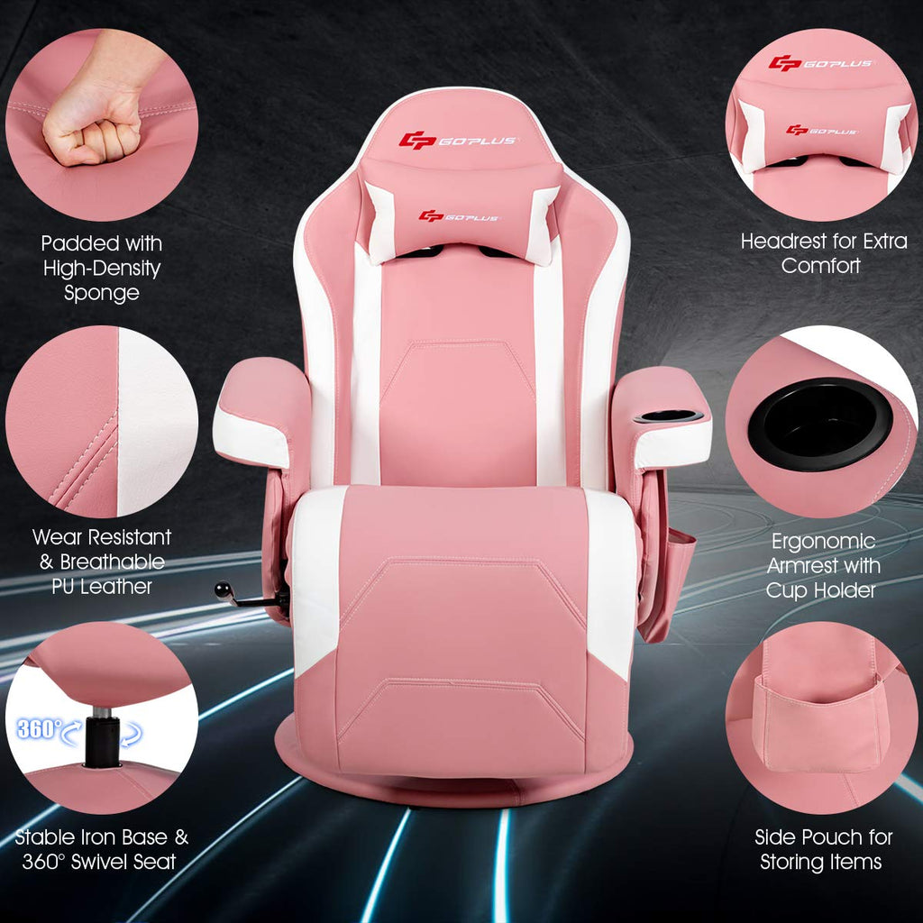 Pink Massage Gaming Chair, Racing Style Gaming Recliner w/Adjustable Backrest and Footrest, Ergonomic High Back PU
