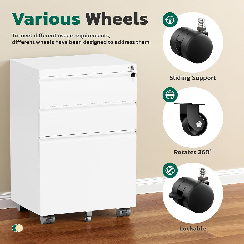 3 Drawer Mobile File Cabinet with Lock, Fully Assembled Rolling File Cabinet Except Casters, Under Desk File Cabinet
