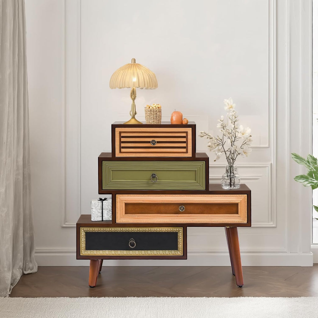 Vintage Accent Chest with 4 Drawers, Asymmetrical Stacked Design, Multicolored Hand-Carved Decorative Rustic Cabinet