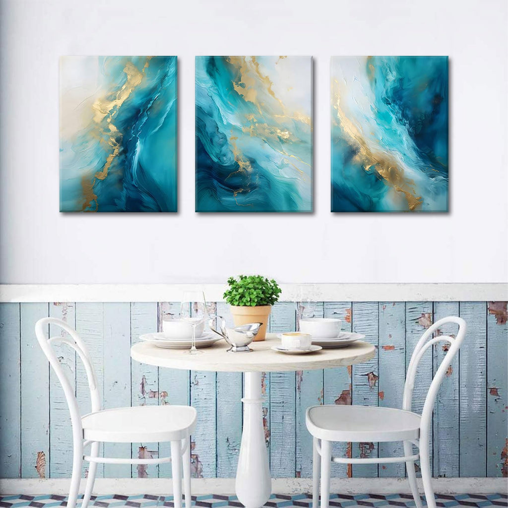 Teal Gold Canvas Wall Art Set of 3 Abstract Aqua Blue Gold Marble Fluid Wall Decor Pictures Neutral Modern Minimalist