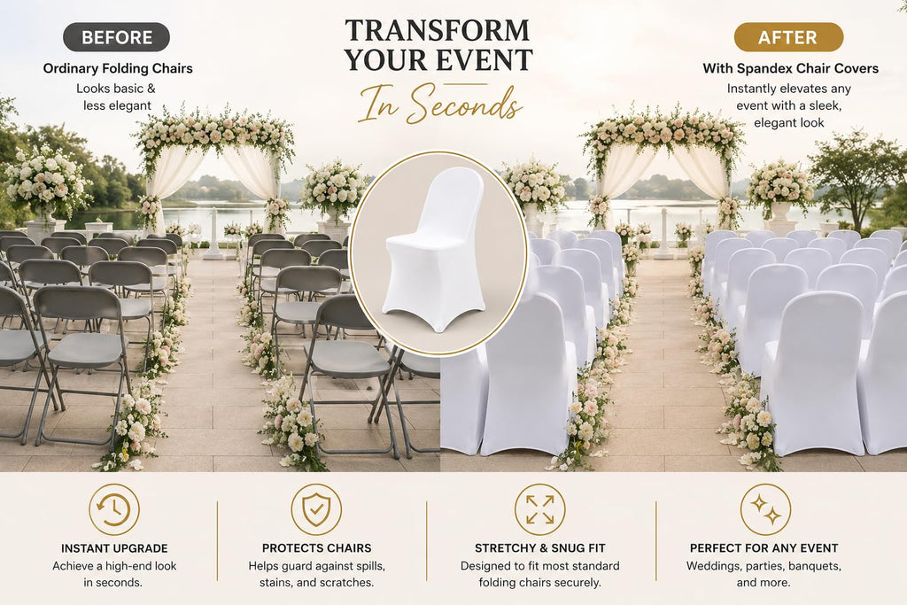 100 Pack White Spandex Folding Chair Covers, Stretch Polyester Slipcovers for Wedding, Party & Dining Chairs - Flat
