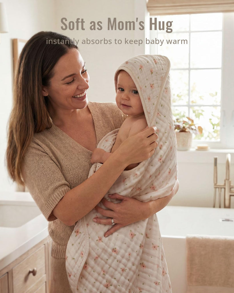Muslin Baby Hooded Towel 2 Pack, Soft & Absorbent Bath Towel for Baby Girls, Infant Gift, Newborn Essentials, Pink