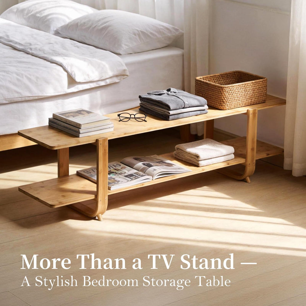 Wood Bamboo TV Stand for 55-Inch TVs, 2 Open Shelves, Modern Console